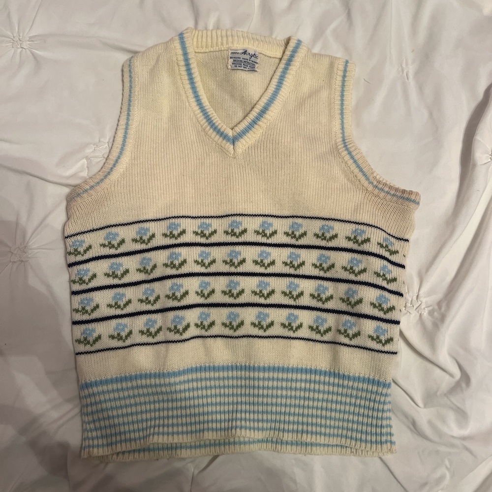 Vintage Cream and Blue Floral Sweater Vest